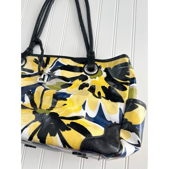 Brighton Coated Canvas Shoulder Bag Yellow & Blue Floral Blooms w/ Leather Trim - Picture 2 of 11